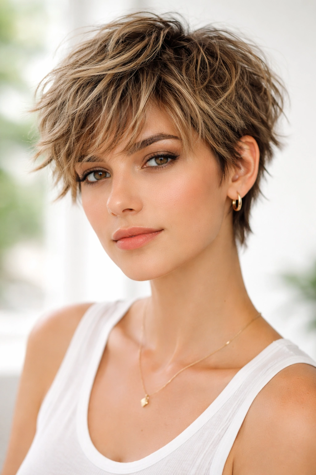 Close-up of a tousled crop with piece-y texture and choppy layers