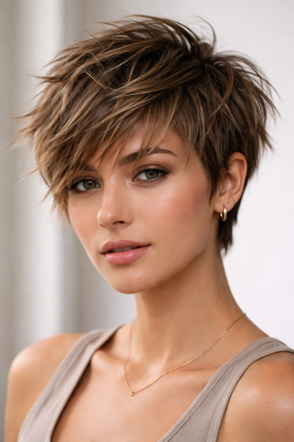 12 Short Choppy Haircuts With Natural Movement 3 Close portrait of tousled textured crop with jagged, varied-length layers.
