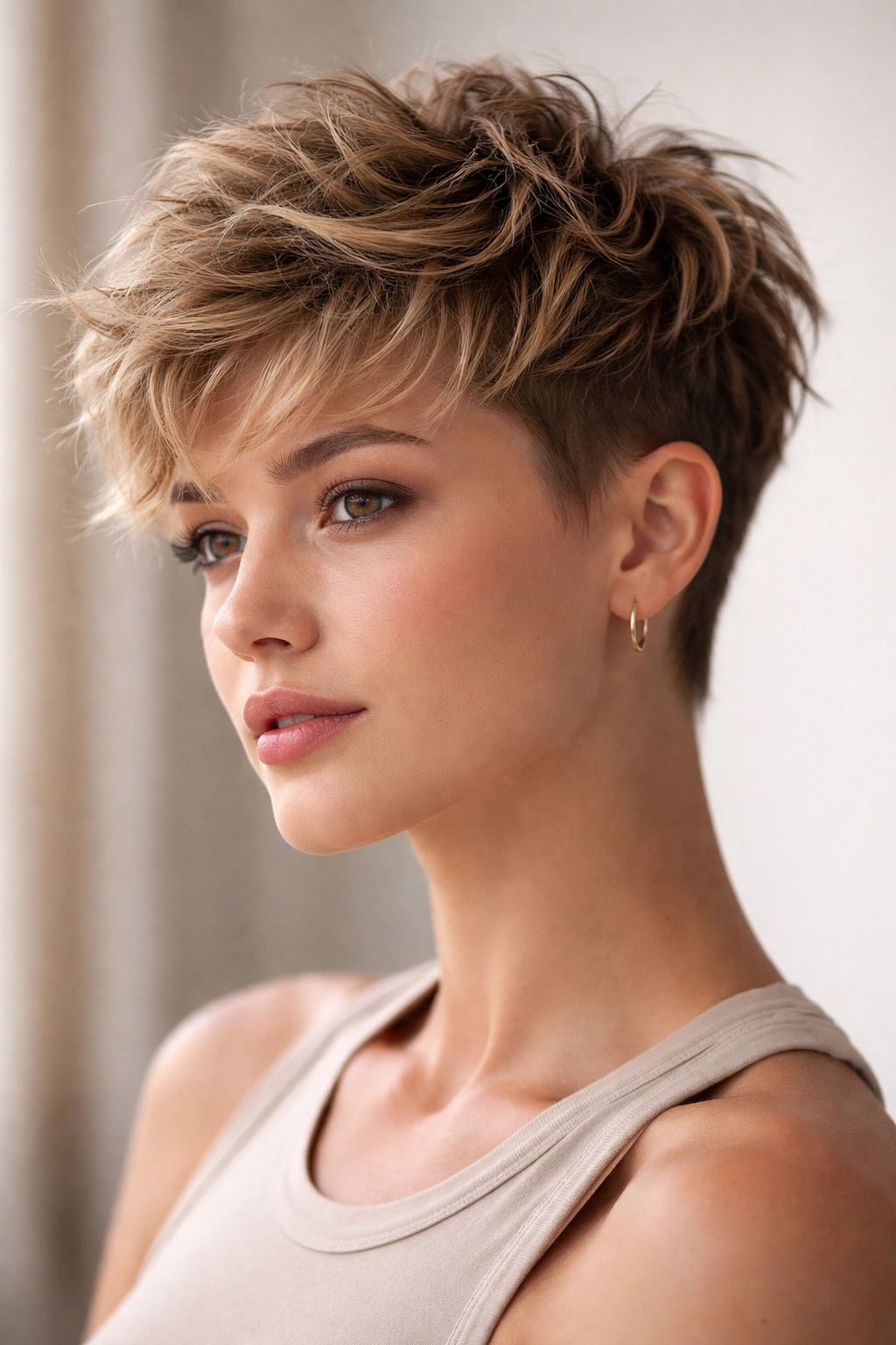 Close-up of a tousled textured crop with layered top