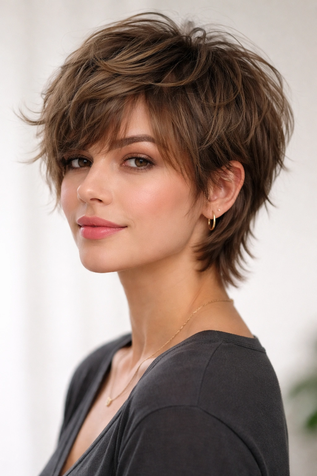 Portrait of a person showing a tousled crop with longer underneath layers for subtle texture
