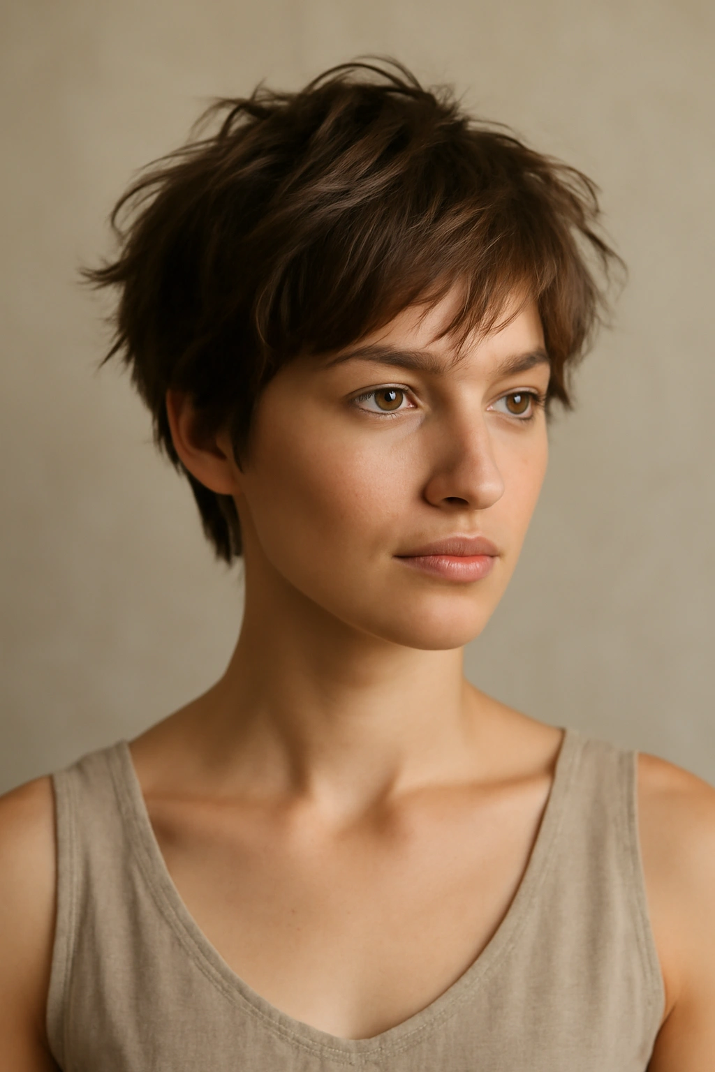 15 Short Hairstyles Any Bridesmaid Can Pull Off 14 Model with tousled cropped hairstyle showing textured layers and effortless elegance