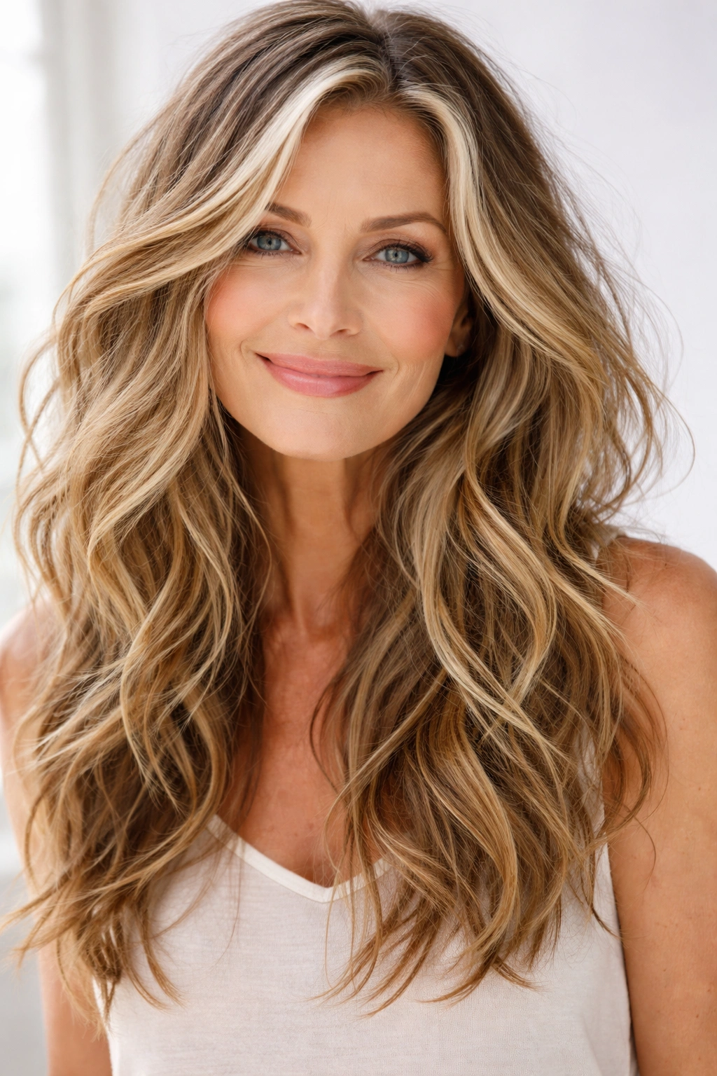 Long hair with tousled texture and highlights in natural light