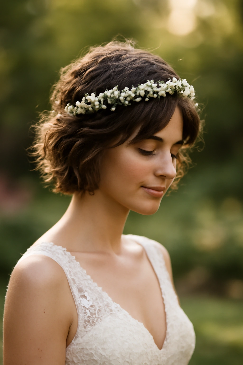 Getting Married With Short Hair? 10 Bridal Looks 9 Tousled layered hair with a delicate head wreath in a garden setting.