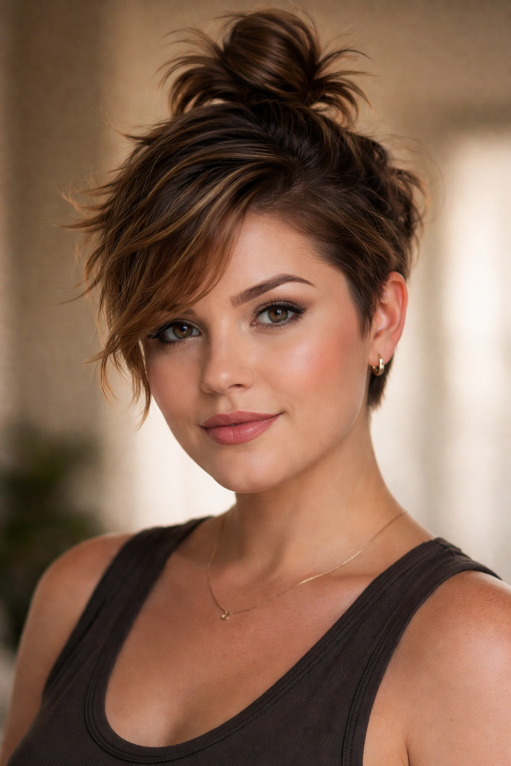 15 Slimming Short Hairstyles For Round Faces 6 Portrait of a person with tousled layers and a longer top knot-ready crown