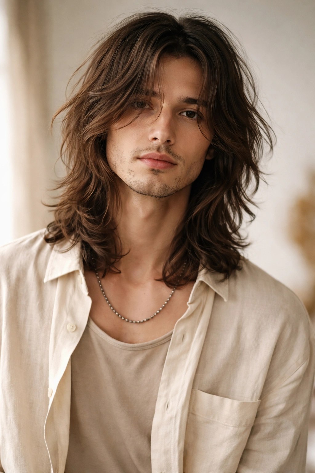 Man with shoulder-length tousled layers and natural texture.