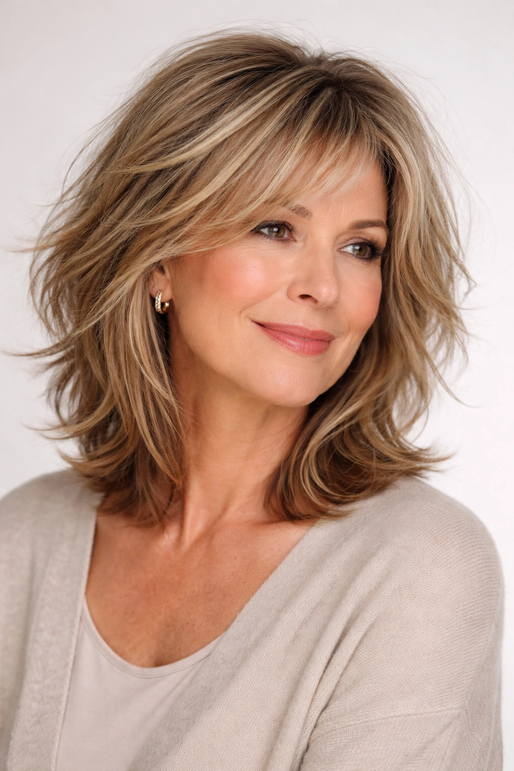 Medium-length hair with choppy layers and tousled texture on a mature woman.