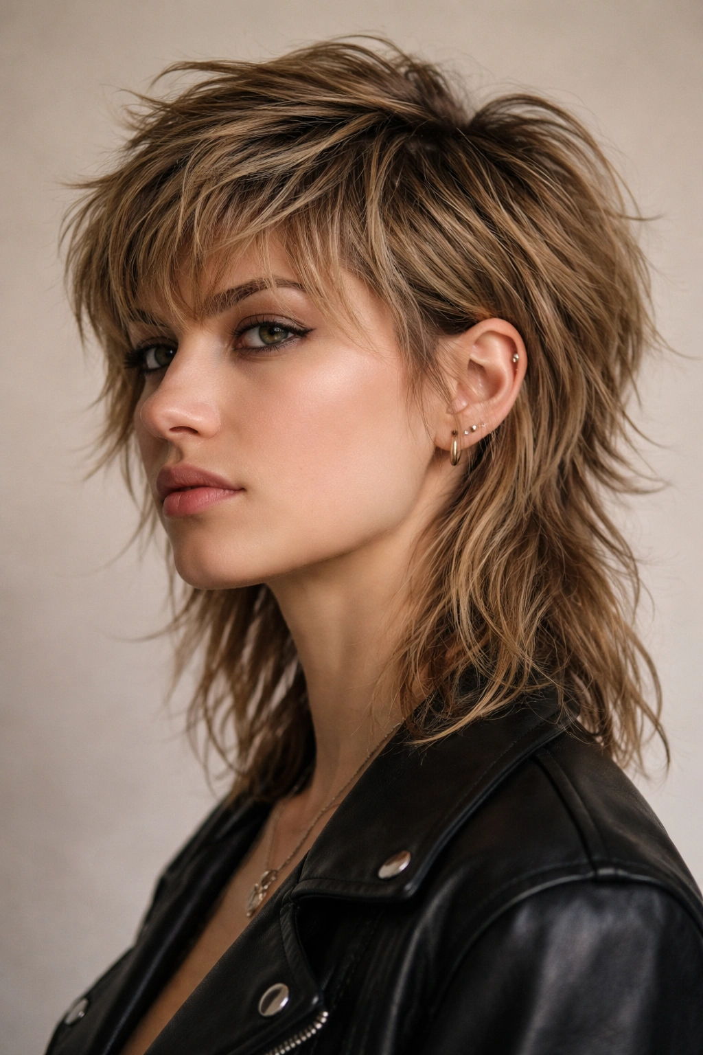 12 Cool Girl Short Haircuts With An Effortless Edge 7 Close-up of a model with a modern tousled mullet showing short top and longer back