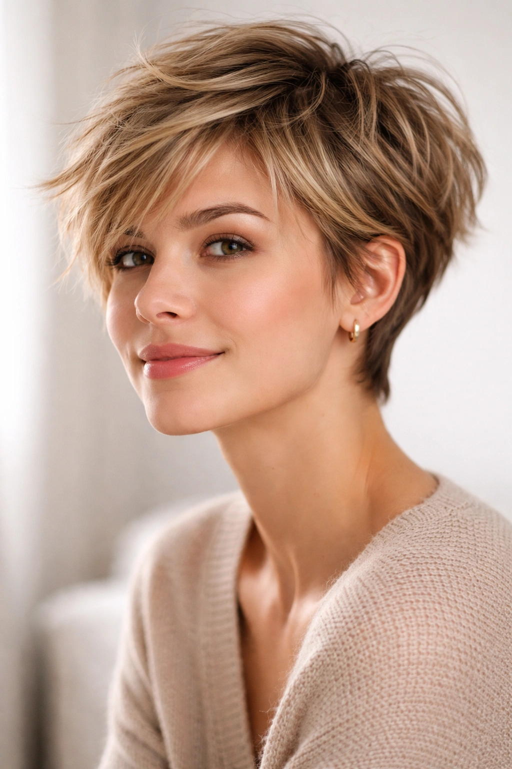 Three-quarter view of a tousled pixie with textured, undone styling