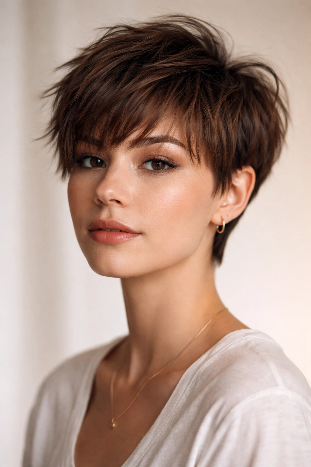 12 Pixie Haircuts With Bangs For Round Faces 13 Close-up portrait of a person with a tousled pixie cut and choppy longer bangs