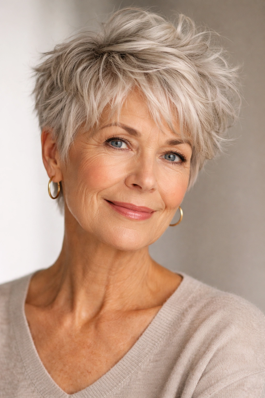 Portrait of a woman with a tousled pixie crop showing textured layers and casual volume