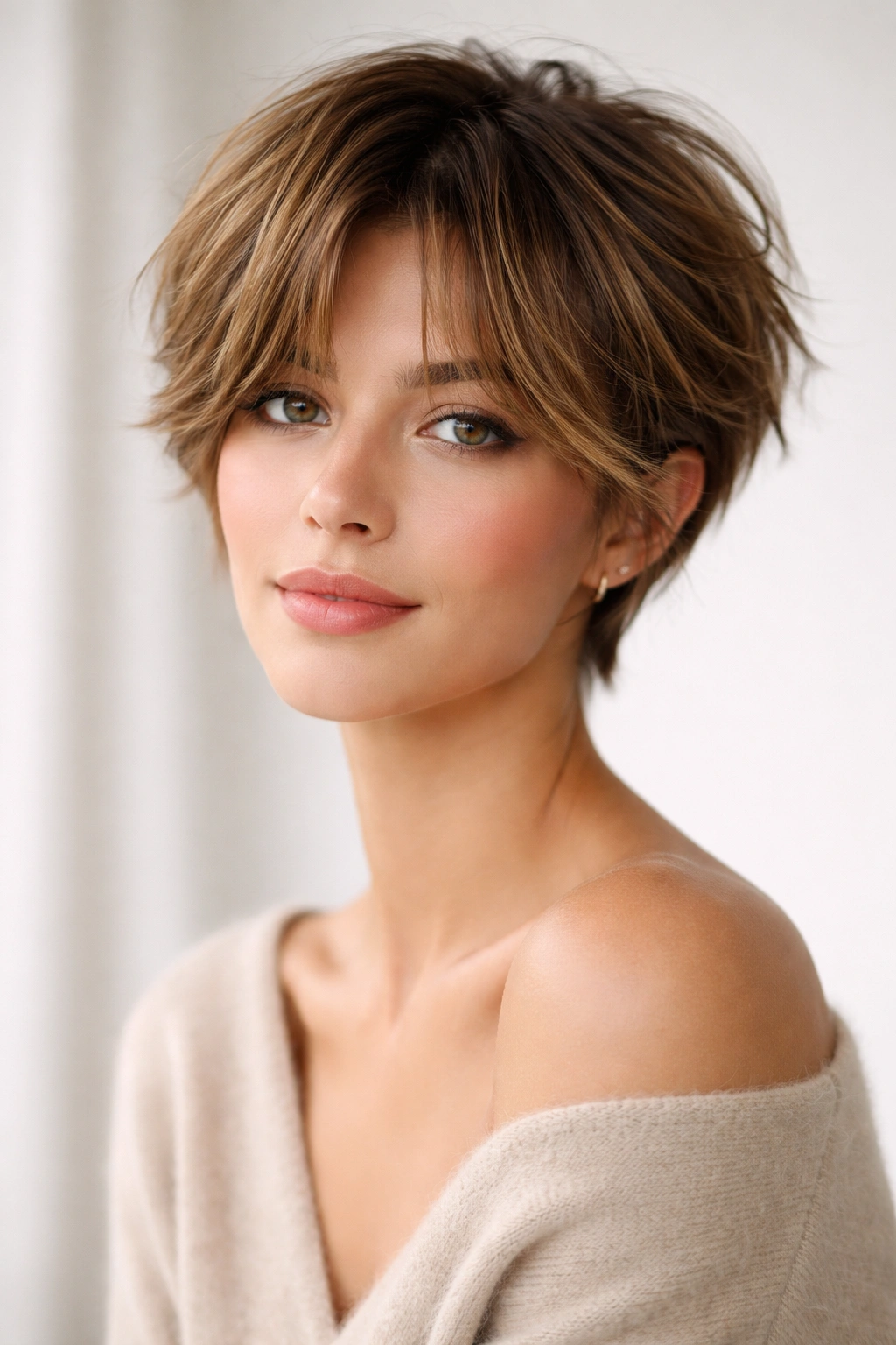 Portrait of a tousled pixie with curtain-style bangs swept toward the temples