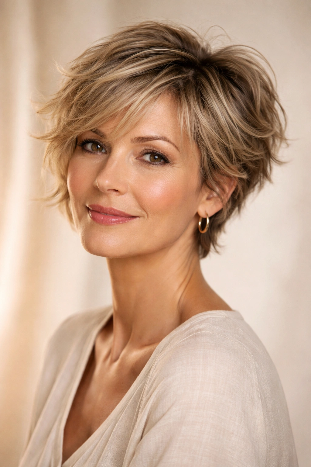 Tousled pixie with face-framing pieces in a soft, natural texture