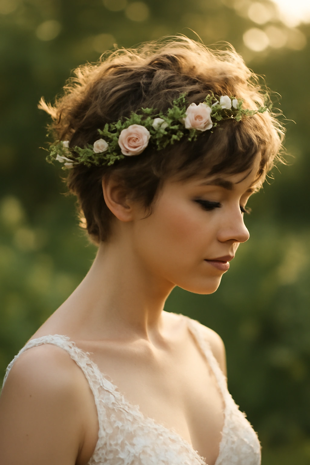 8 Wedding Hairstyles That Flatter Pixie Cuts 3 Pixie with tousled bedhead and floral crown in a garden setting