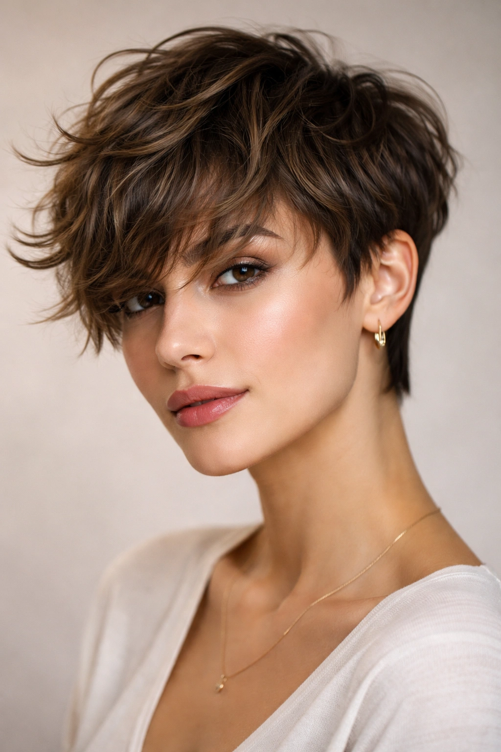 Close-up of tousled pixie fringe showing front-heavy layered fringe and crown texture