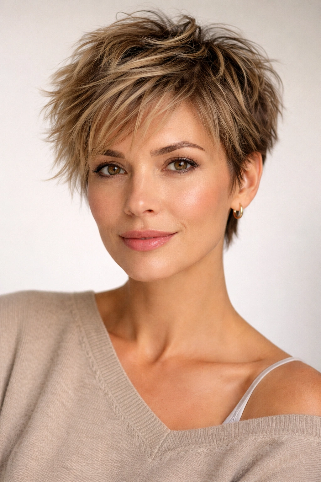 Portrait of a woman with a tousled pixie hairstyle with textured, chaotic but intentional layers