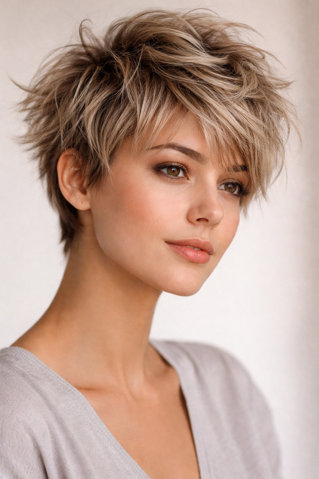 Tousled textured pixie with choppy layers and undone styling