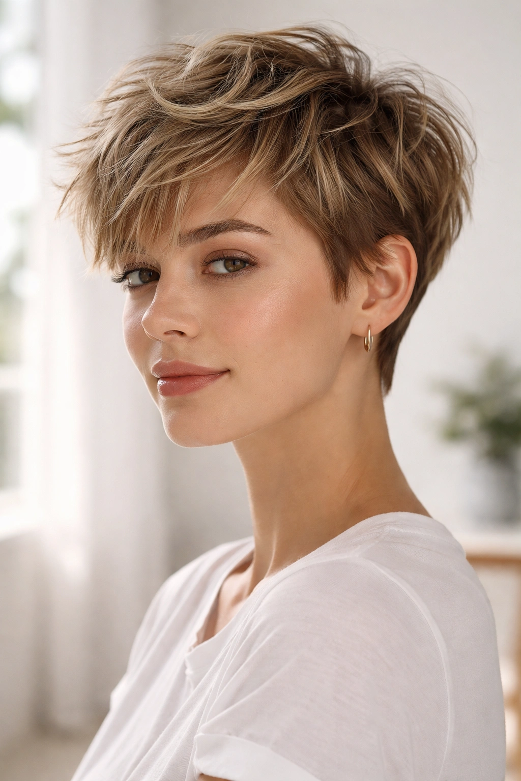 Three-quarter view of The Tousled Pixie with layered texture and relaxed bedhead.