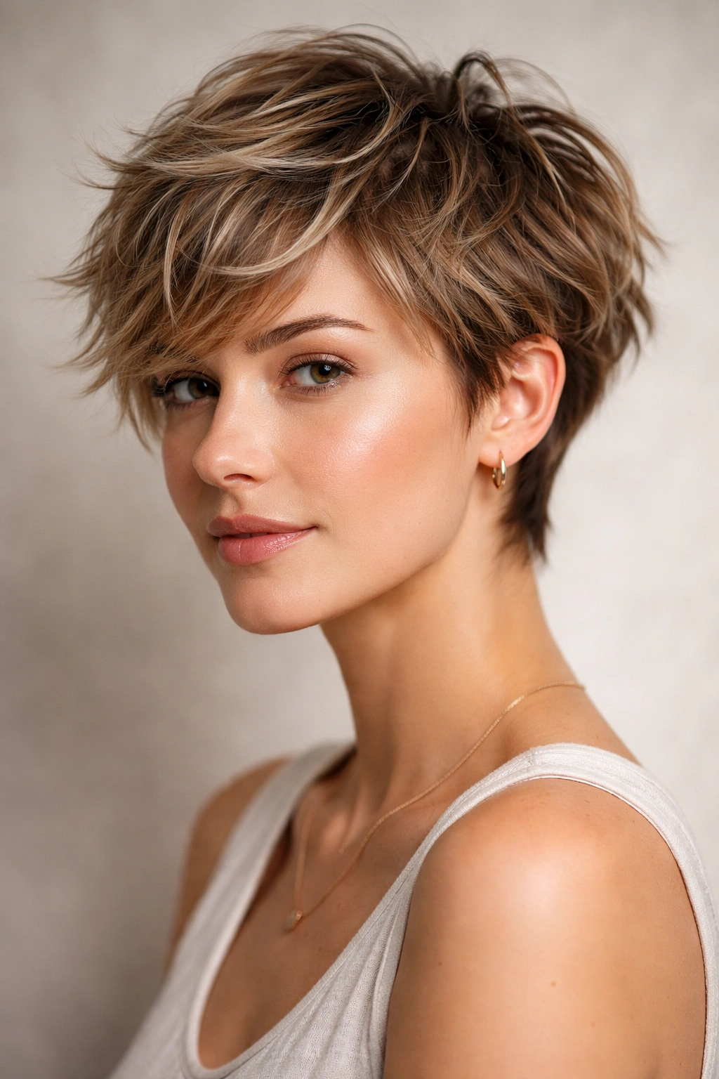 Portrait of a person with a tousled textured pixie featuring choppy layers