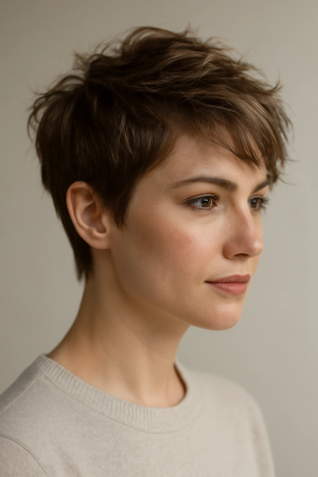 Tousled textured pixie with swept sides creating a soft, undone look.