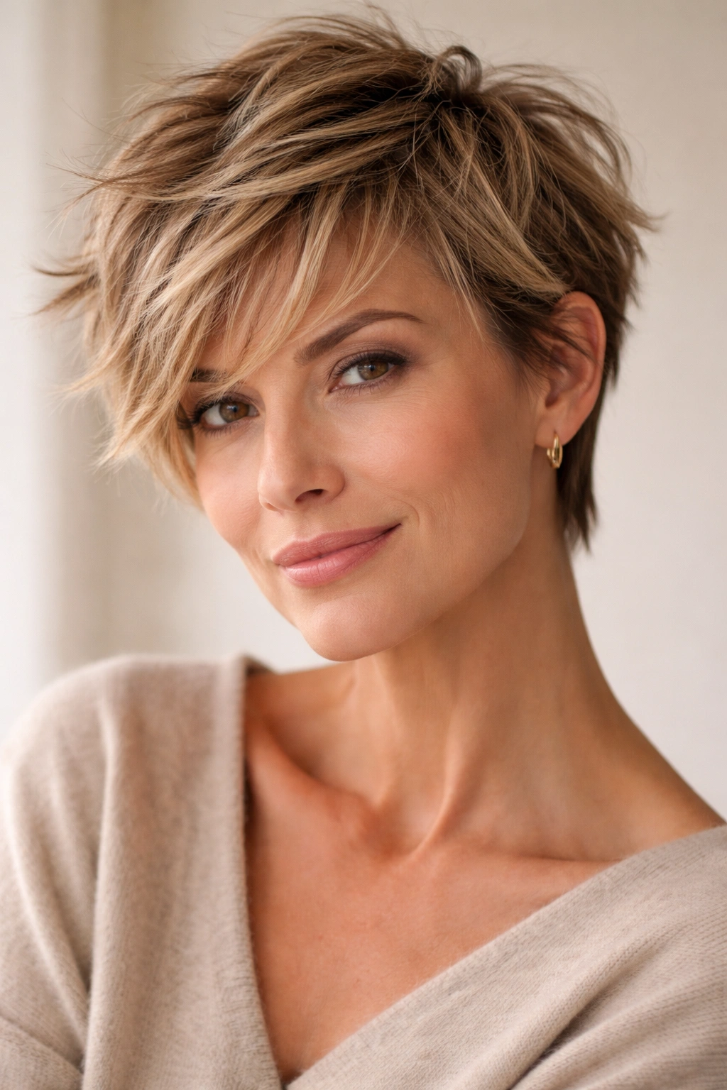 15 Pixie Hairstyles That Shine On Women Over 40 12 Portrait of a tousled, piece-y pixie with textured layers