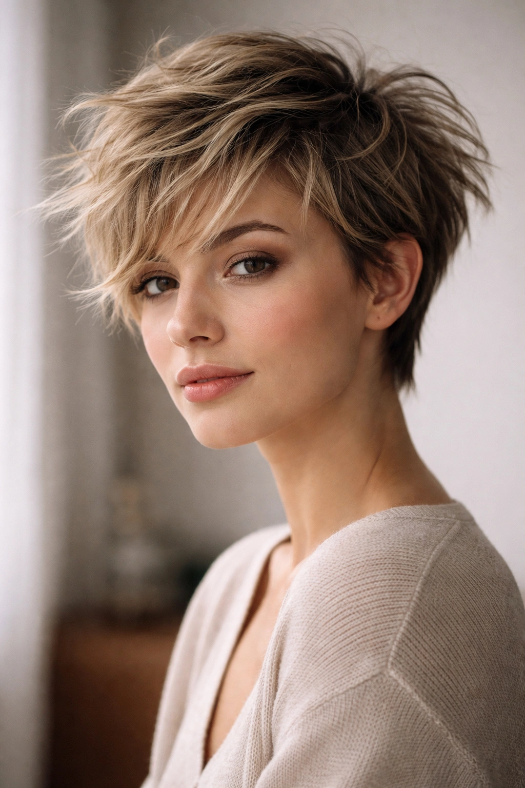 30 Short Haircuts That Flatter Almost Every Woman 26 Close-up portrait of a person with a tousled pixie cut showing texture and natural movement.