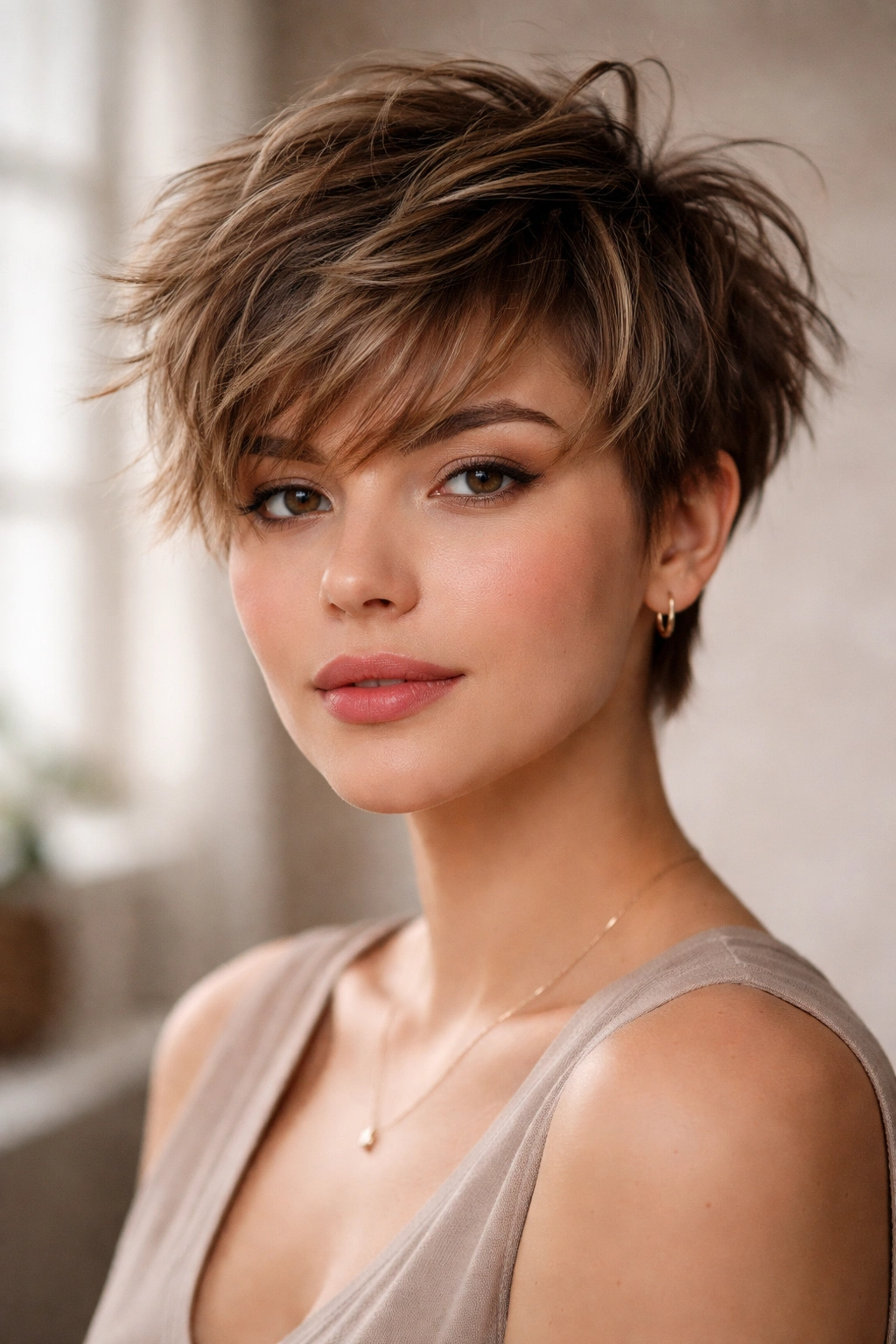 15 Pixie Styles Perfectly Suited To Round Faces 13 Close-up of a model with a tousled textured pixie showing choppy layers and bedhead texture