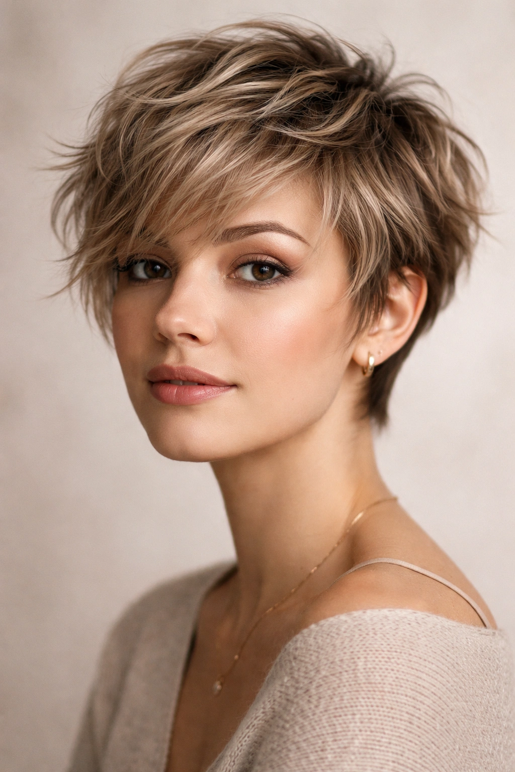 Close-up portrait of a The Tousled Textured Pixie showing layered texture and movement