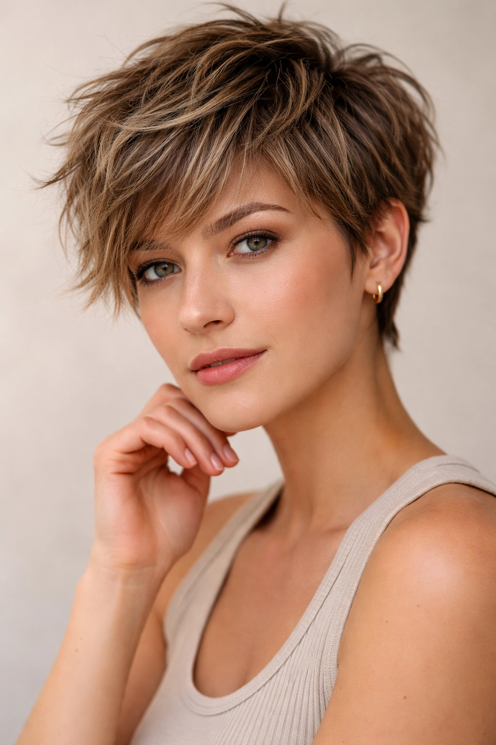 20 Short Pixie Haircuts That Practically Style 16 Portrait of a person with a tousled textured pixie showing layered, messy texture