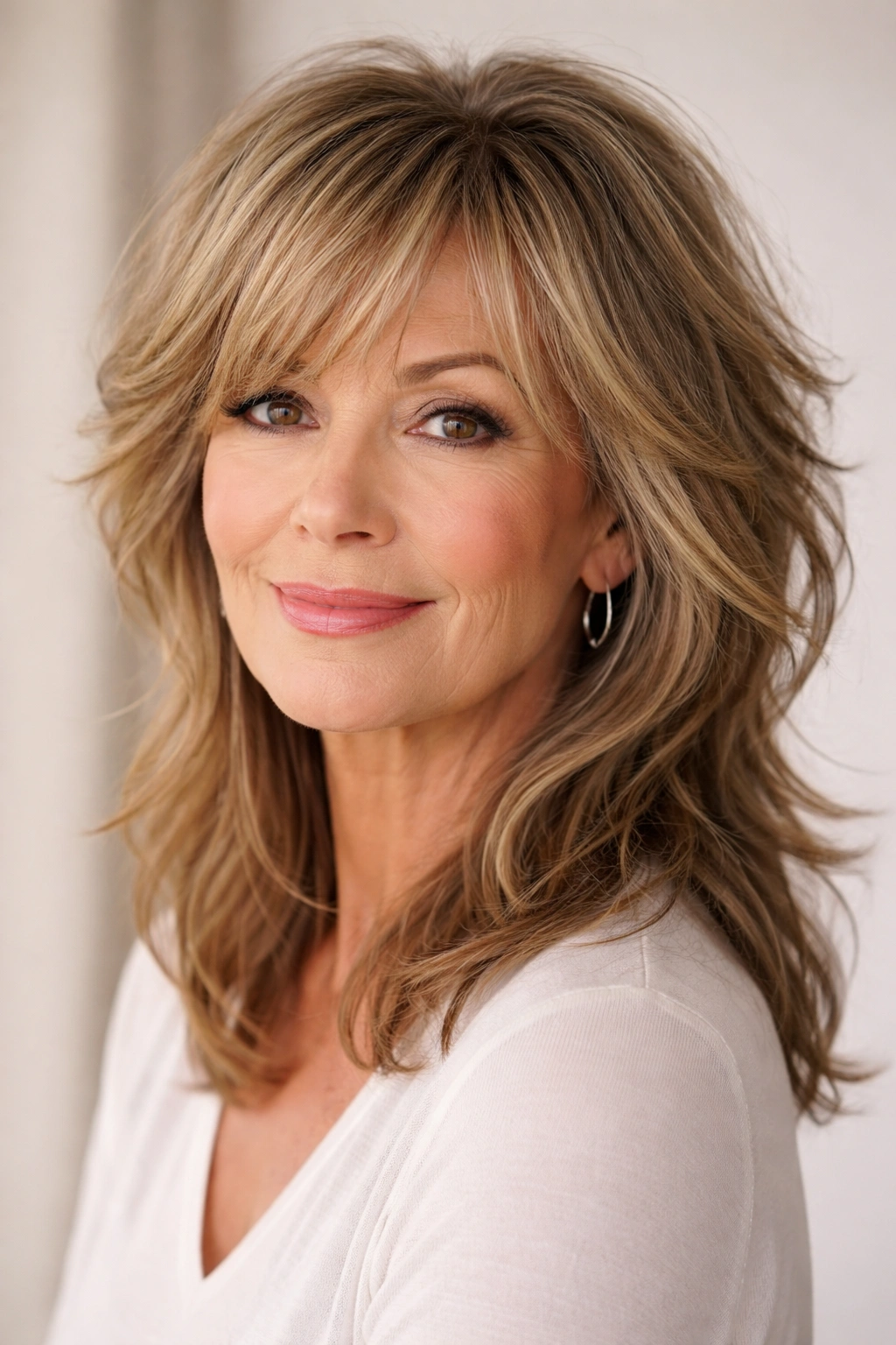 Mature woman with tousled shag featuring longer back layers