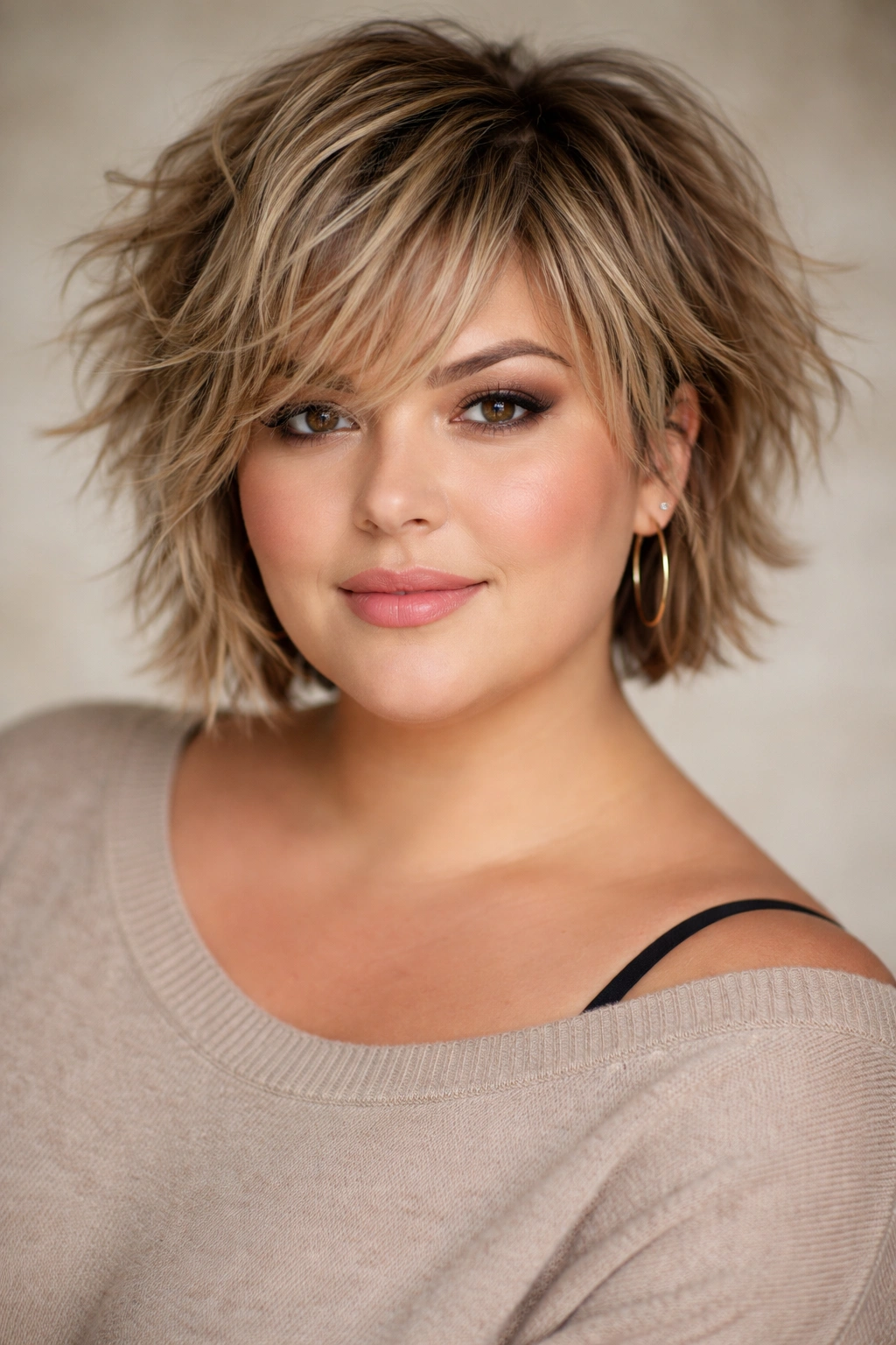 15 Flattering Short Haircuts For Plus Size Women 12 Portrait of a person with tousled short shag and disconnected layers in a studio.