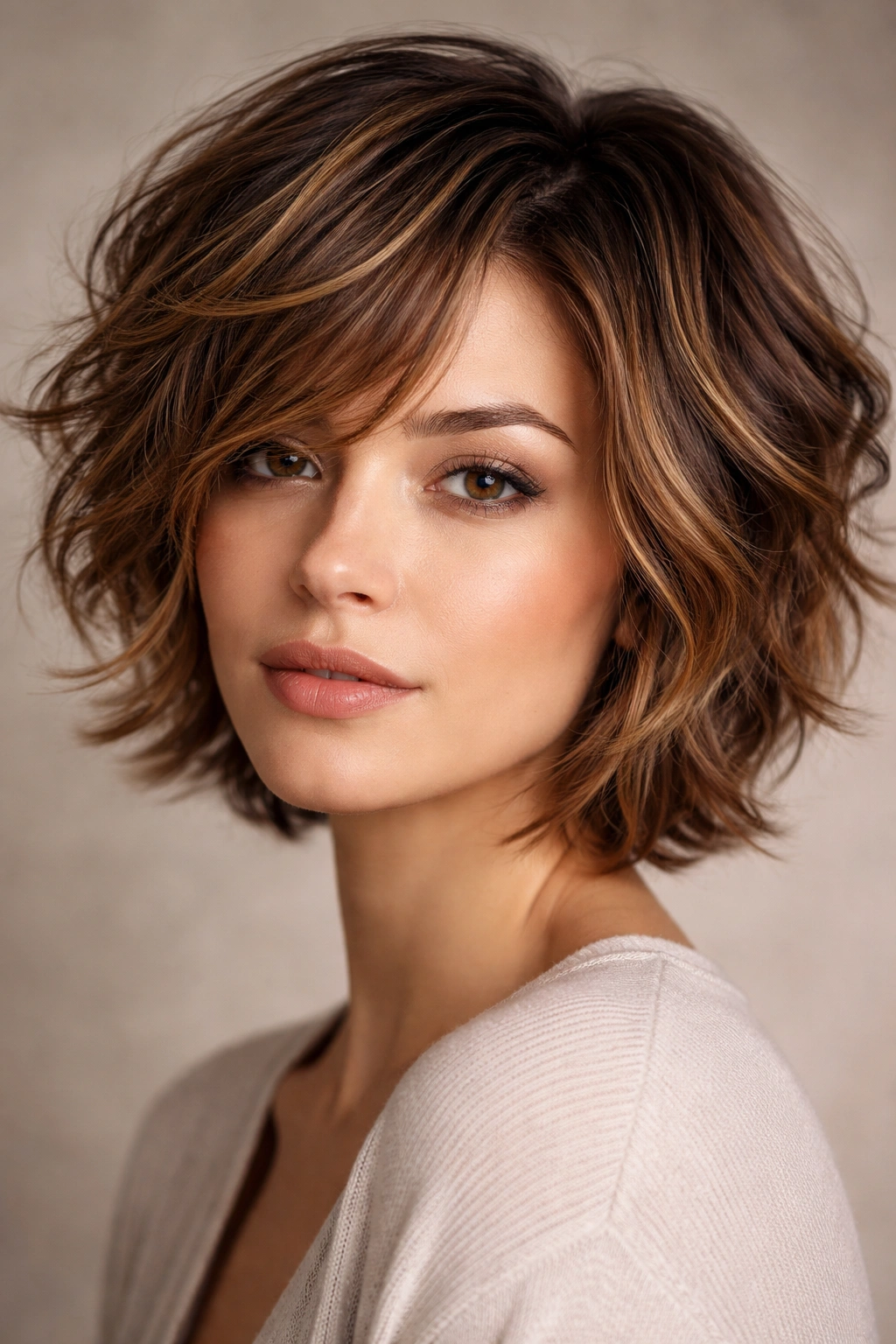 Chin-length tousled waves hairstyle with caramel highlights in a studio portrait
