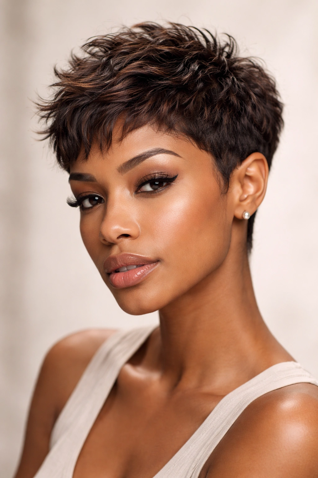 Ultra-short crop with tousled natural wave texture and undone styling.