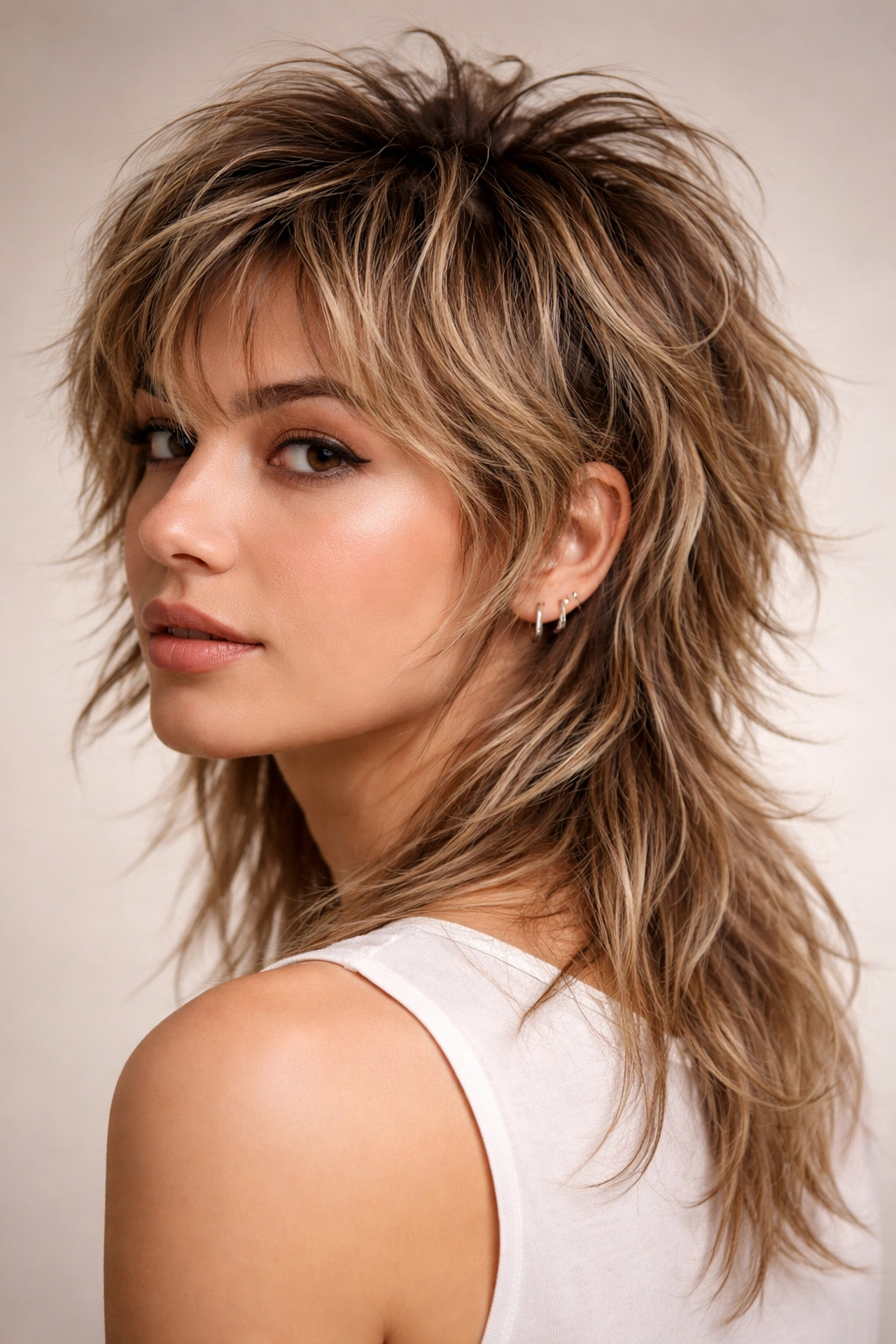 Mullet with tousled texture featuring choppy layers and a lived-in finish.