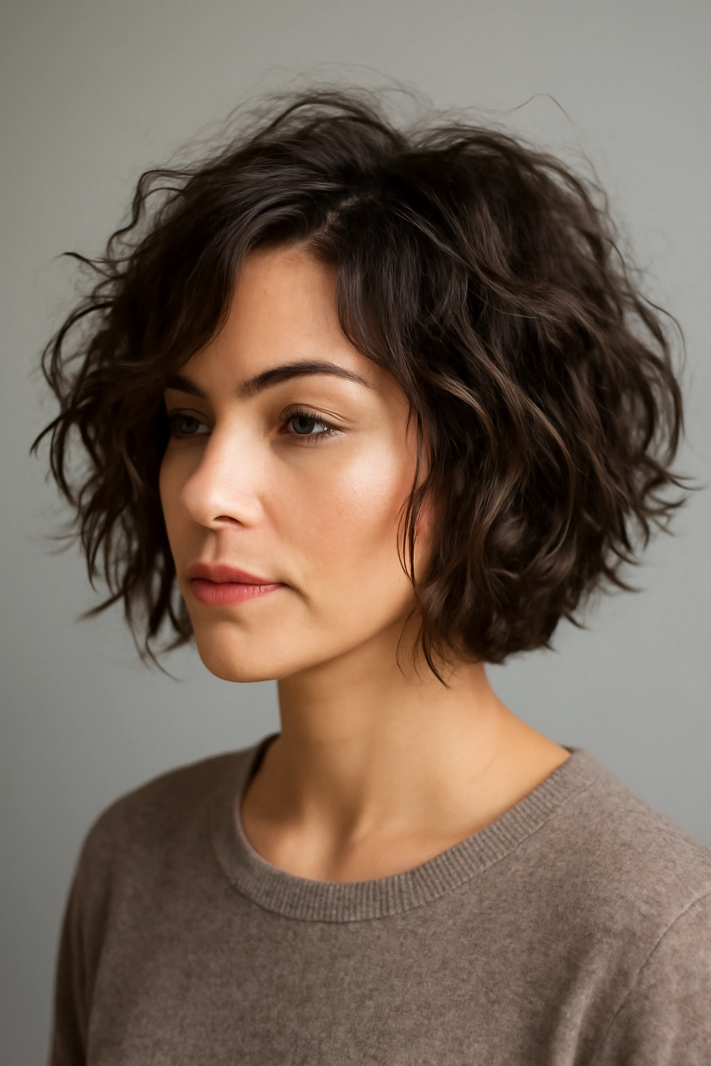 Close-up of a chin-length tousled textured bob with chunky layers