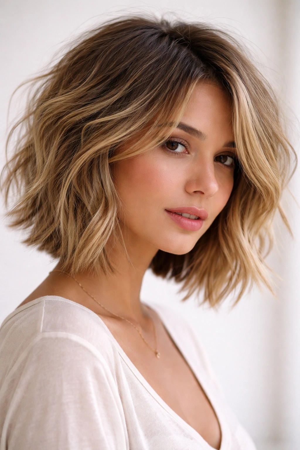 Tousled textured bob with natural waves in soft studio lighting