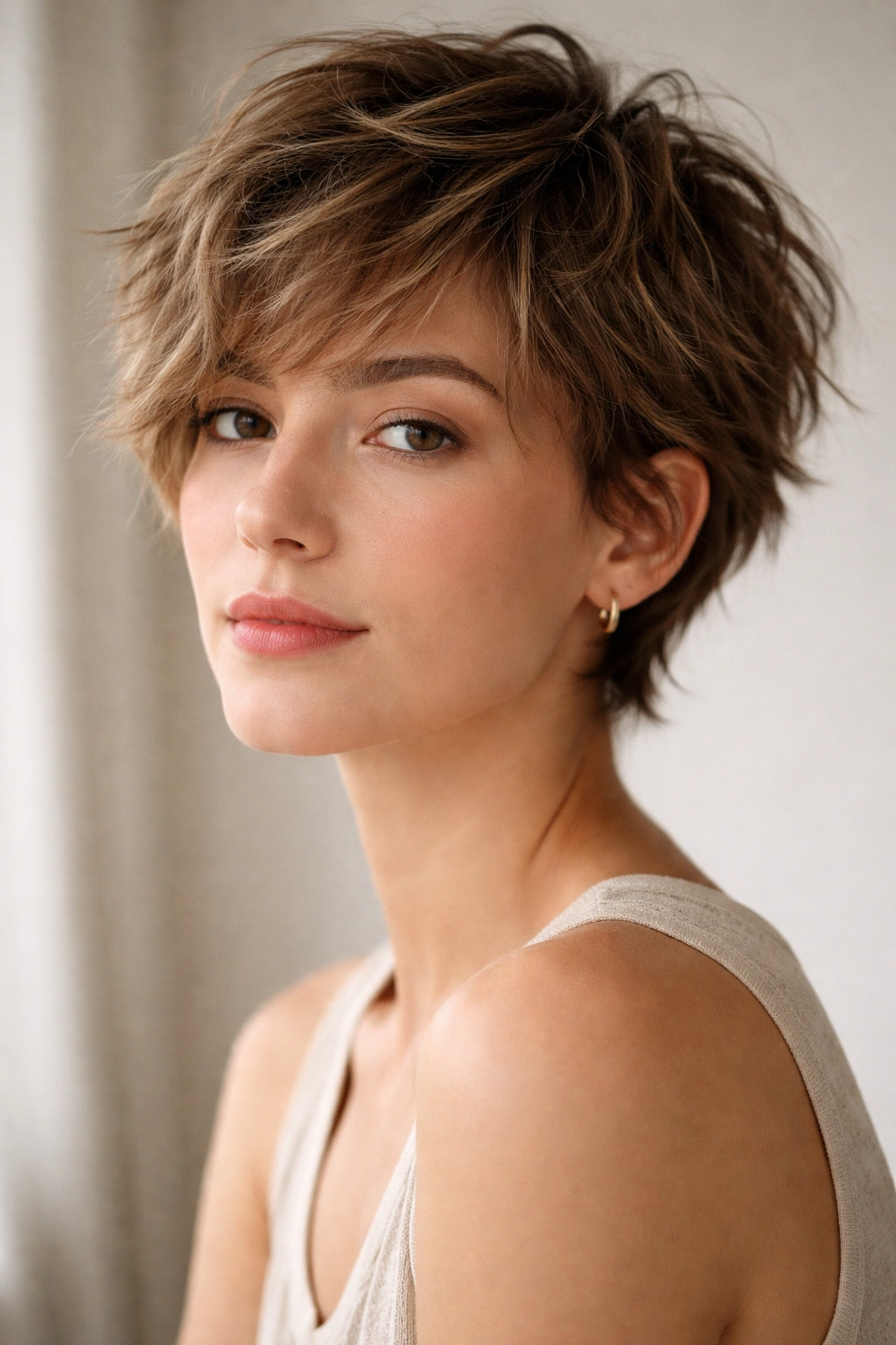10 No Heat Short Hairstyles That Still Look Great 1 Portrait of a person with a tousled textured crop hairstyle and natural waves