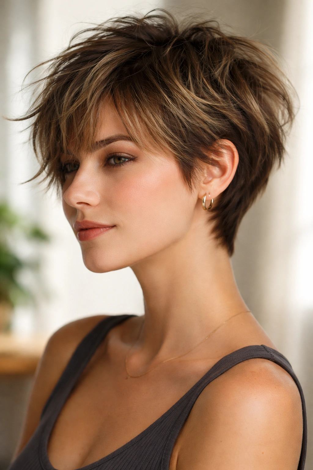 Short tousled textured crop with irregular layers in a studio profile shot