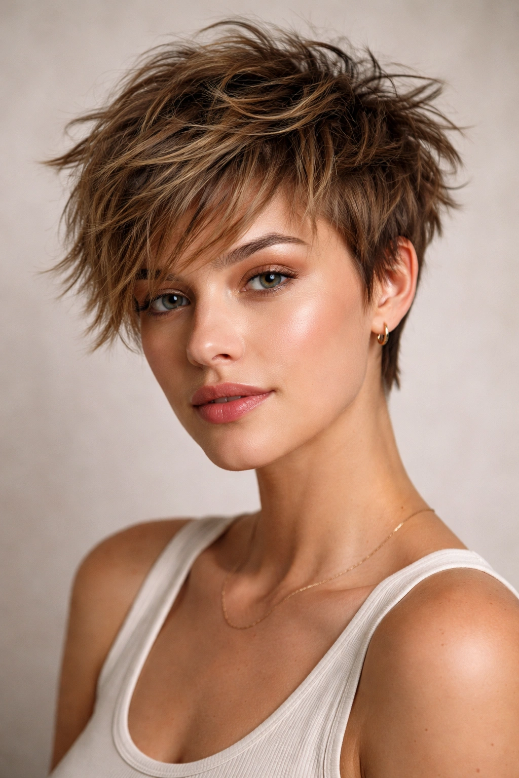Close-up of a head with a tousled textured crop featuring short choppy layers.