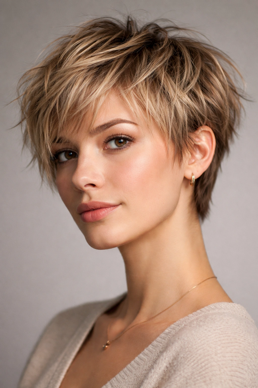 Close-up of a woman with a short tousled textured crop showing choppy layers