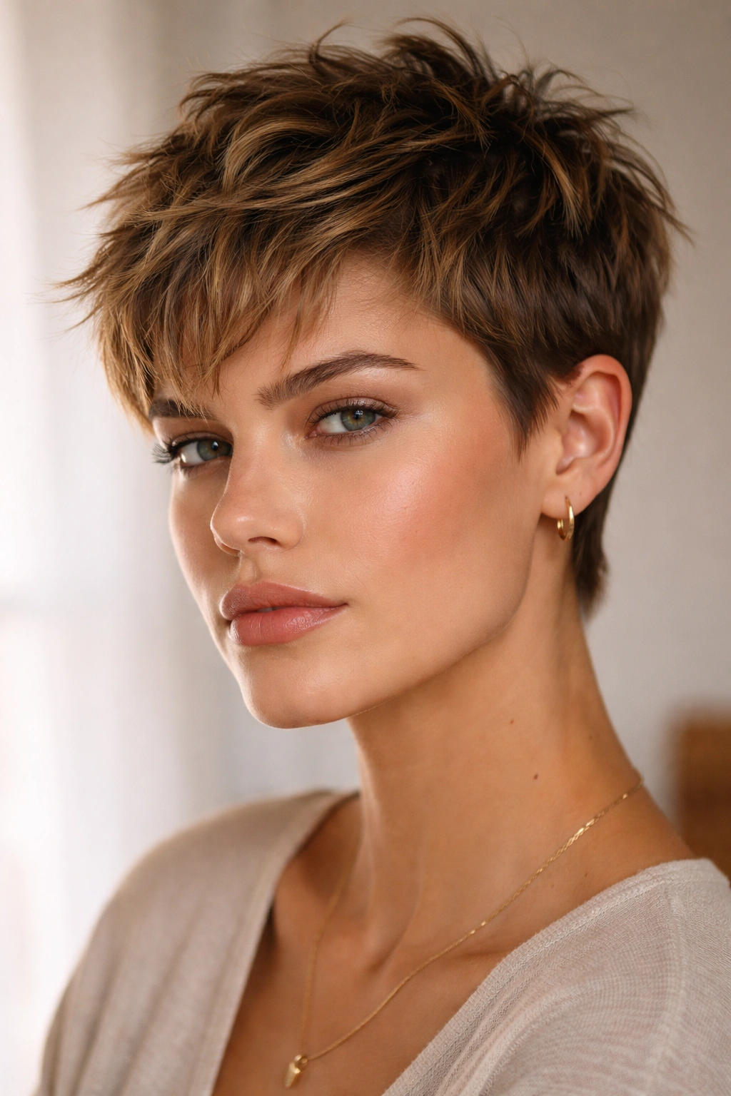 25 Short Haircuts Matched To Your Face Shape 11 Close-up portrait of a tousled textured crop for square faces in studio lighting
