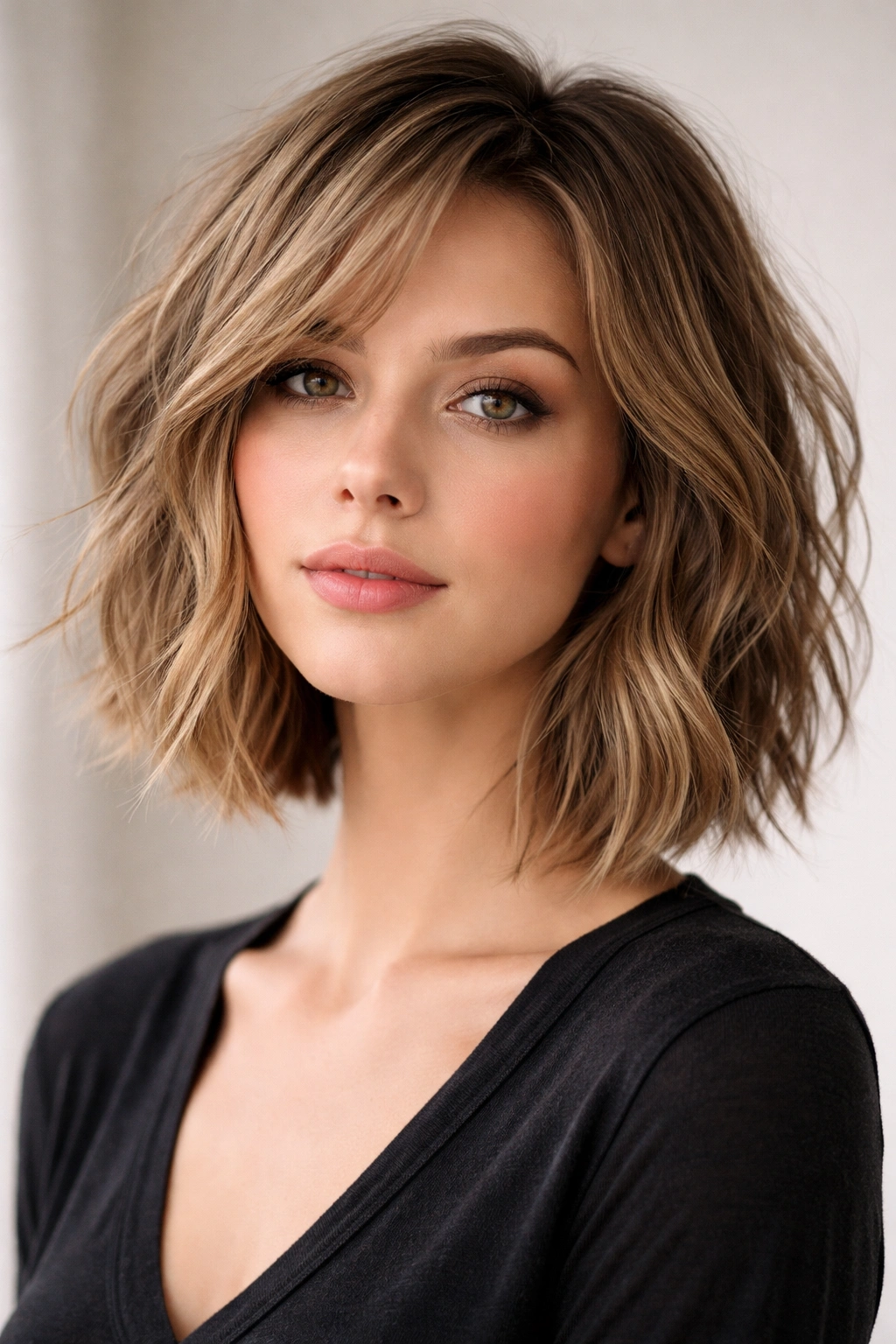 Tousled textured lob with choppy ends and movement.