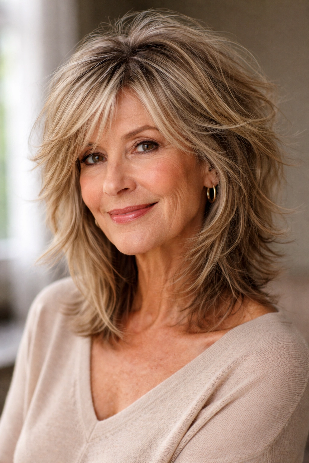 Tousled textured shag with side-swept longer layers and crown volume in a portrait.
