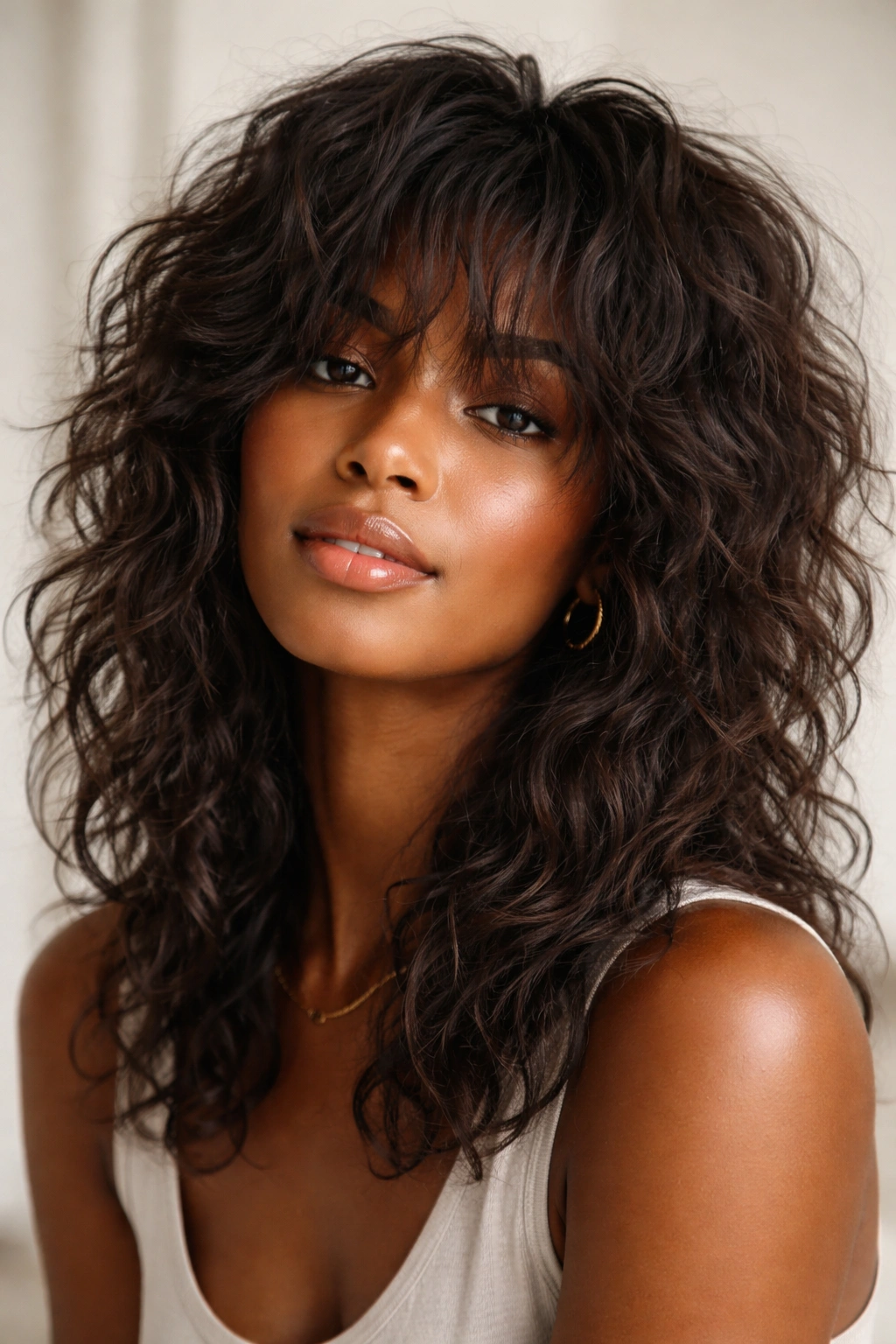 Naturally textured hair with tousled layers in an undone shag