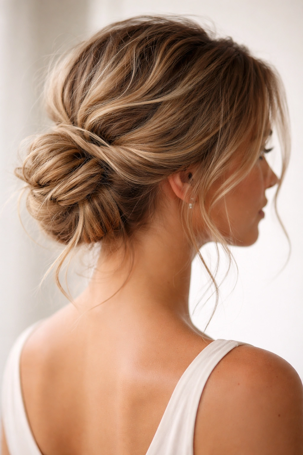 12 Hairstyles For Events That Feel Fancy But Relaxed 7 Close-up of a textured tousled updo with loose strands and a low-nape twist