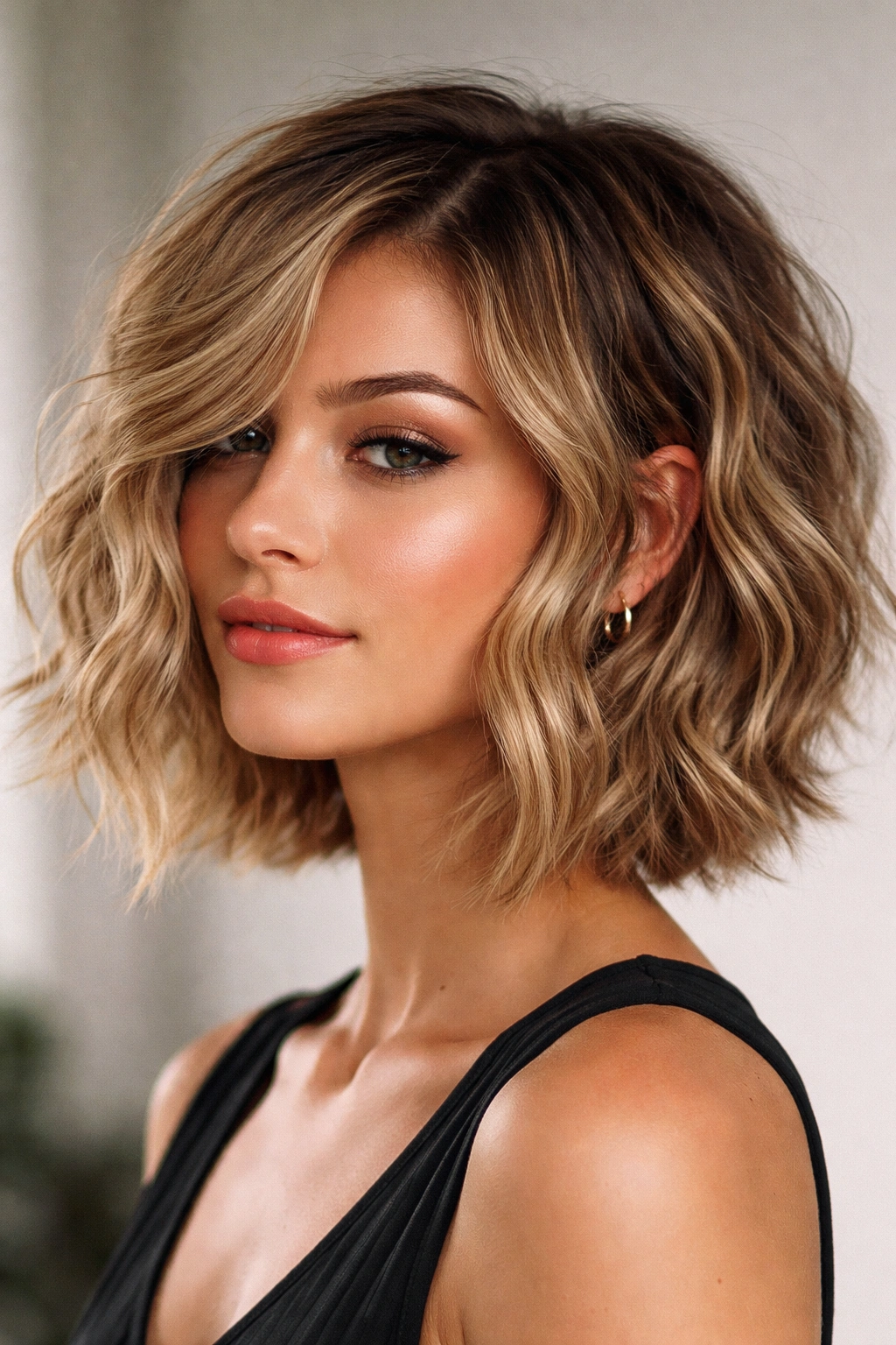 Tousled wave bob with chin-length and intentional waves in studio lighting