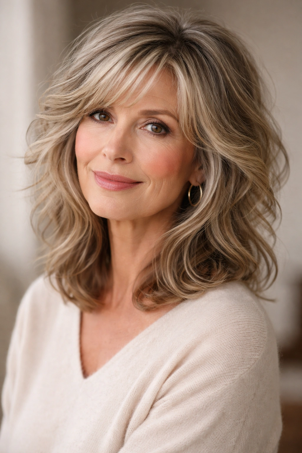 Mature woman with tousled waves shag showing soft, romantic movement