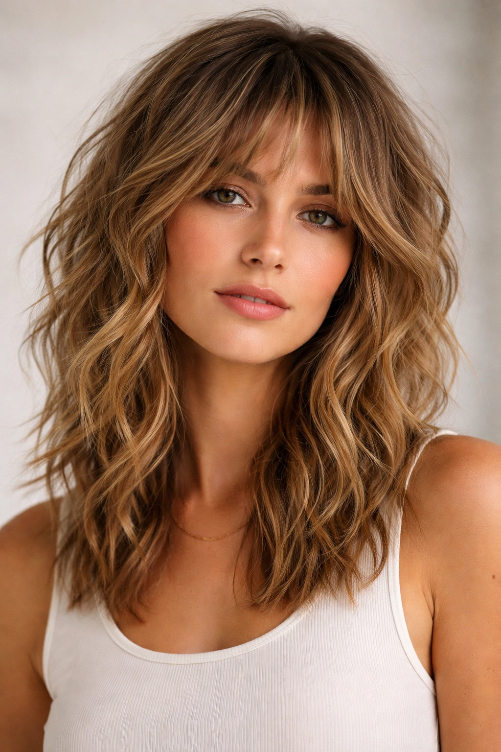 Tousled wave shag hairstyle with beachy texture and natural movement