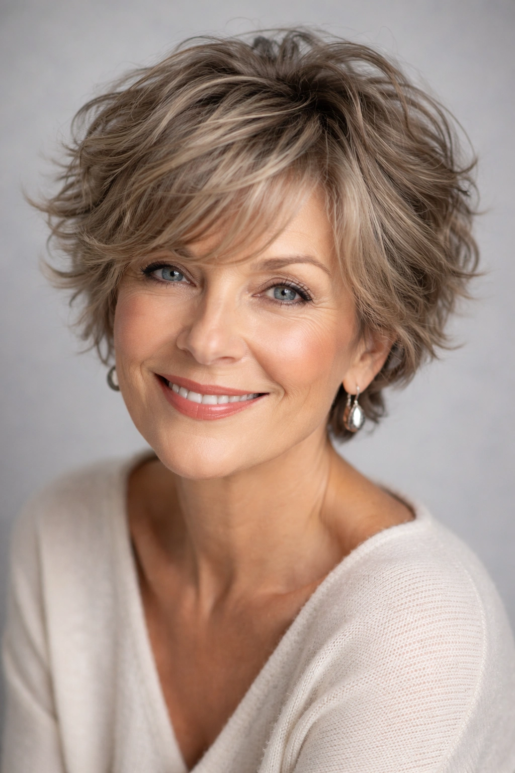Short tousled waves in light ash brown with undone texture