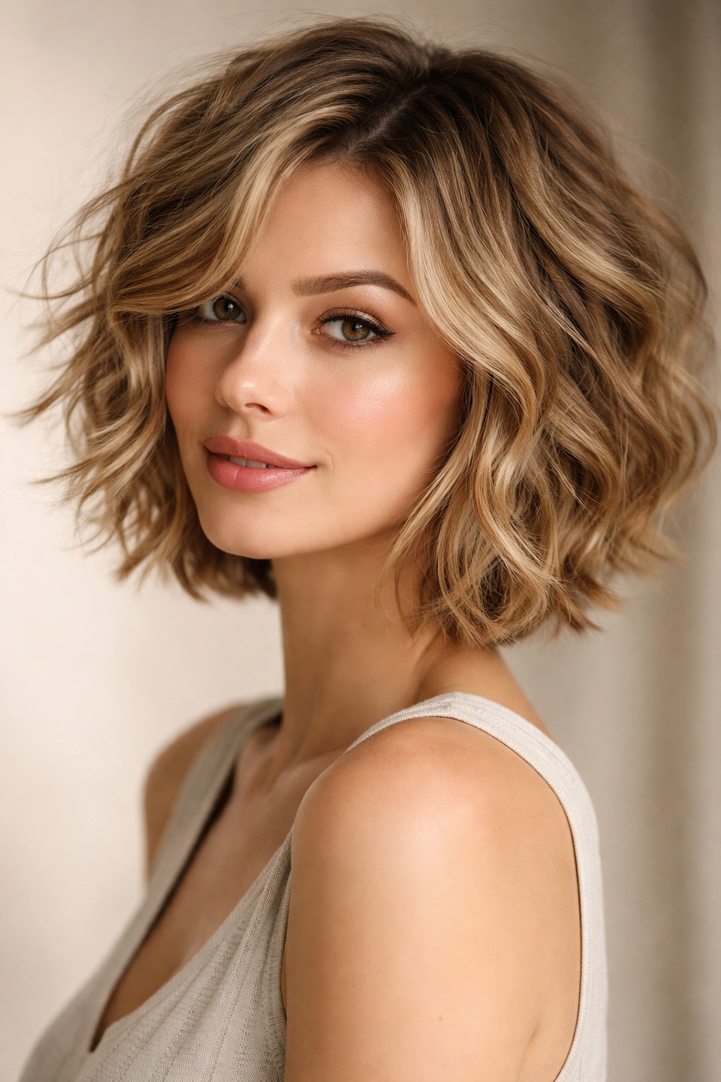 15 Short Haircuts That Look Great On An Oval Face 15 Model with tousled waves and choppy layers in a short hairstyle on an oval face.