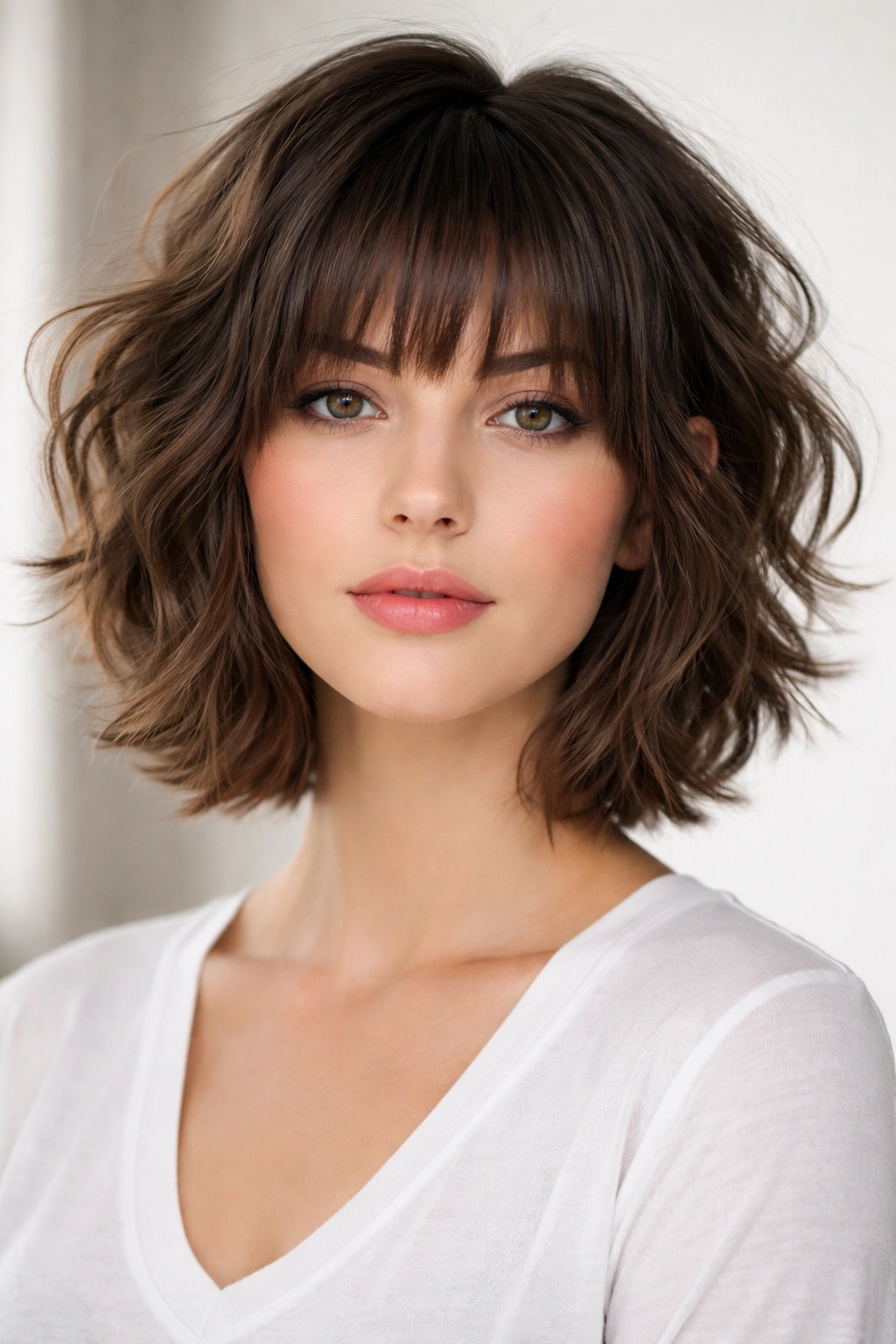 Front-facing portrait with tousled waves and French bangs.